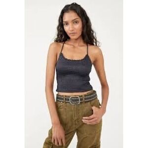 Right on‎ Time Smocked Cami Tank with Adjustable Straps Cropped Casual Black